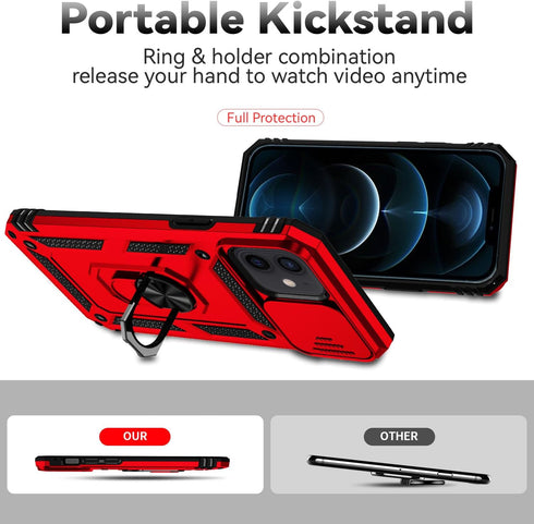 SunStory iPhone 12/iPhone 12 Pro Case with HD Screen Protector, Slide Camera Cover & Rotated Ring Kickstand, Red