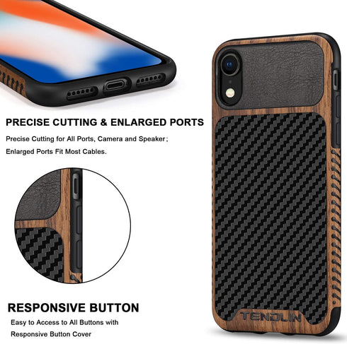 TENDLIN Compatible iPhone XR Case, Wood Grain with Carbon Fiber Texture Design, Black Leather Hybrid Slim Case