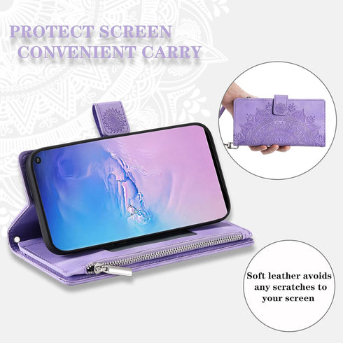 Asuwish Galaxy S10 Wallet Case with Mandala Flower, Tempered Glass, Wrist Strap, Zipper Card Holder, Purple.