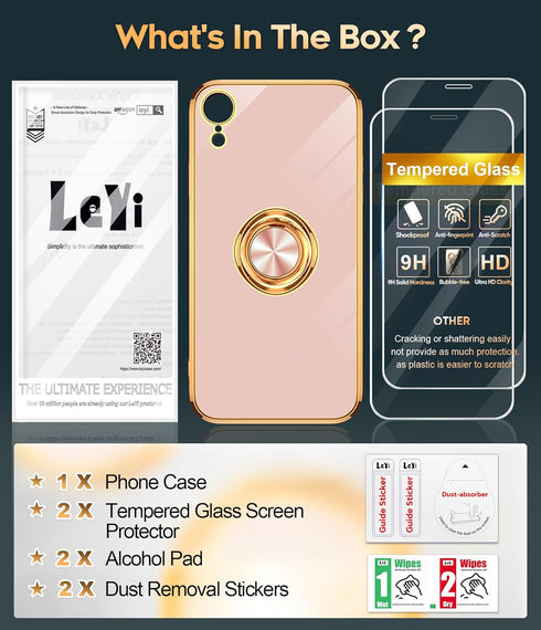 LeYi 2 Pack iPhone XR Case with Tempered Glass Screen Protector, 360° Rotatable Ring Holder and Magnetic Kickstand -