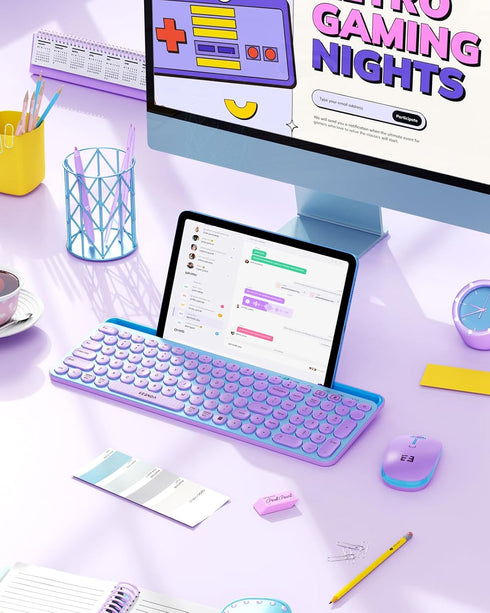 seenda Bluetooth Keyboard and Mouse for iPad, Multi-Device Wireless Keyboard Mouse with Tablet Holder, Blue & Purple