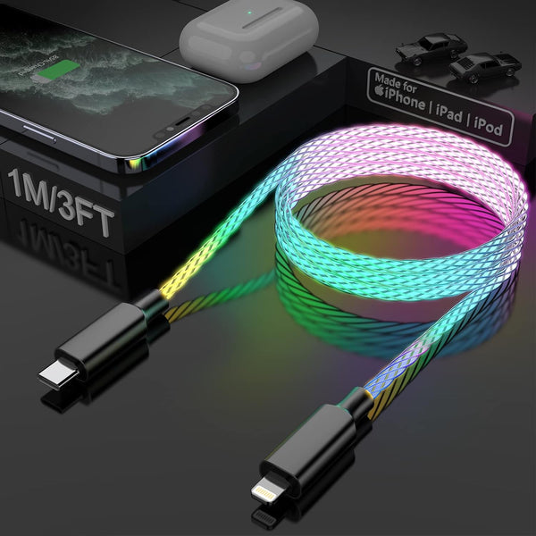 LED Light Up Flowing Type-C iPhone Charger Cable, PD 27W Fast Charger Cord for iPhone 14/13/12/Pro and More (3FT)