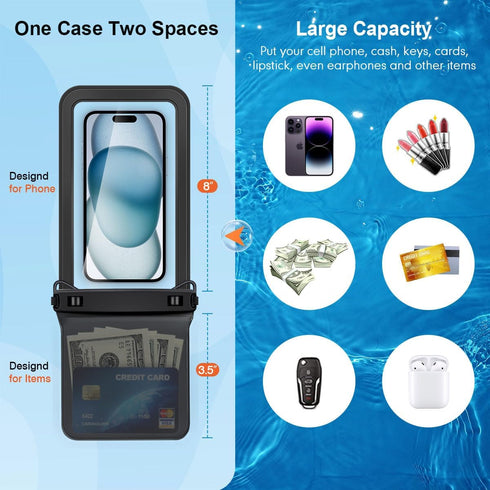 Double Space Waterproof Phone Pouch, 2 Pack Case with Lanyard for iPhone 15 Pro Max Galaxy S23 Travel Essentials
