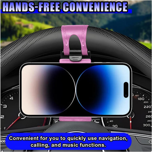 Tuxihapp Car Steering Wheel Phone Holder, Portable No-Hands Smartphone Mount Clip, Adjustable Cellphone Stand Clamp