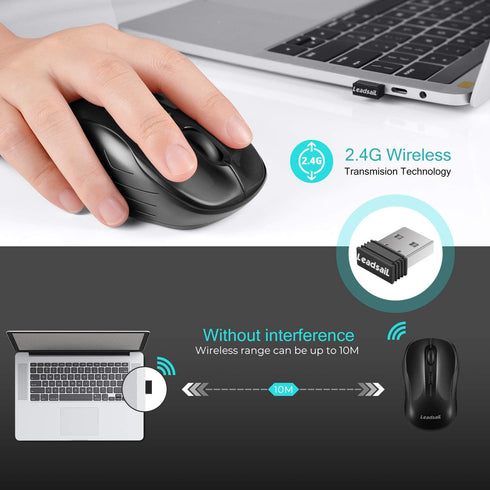 LeadsaiL Computer Wireless Mouse, 2.4G Ergonomic Portable Mobile Mouse, Cordless with USB Receiver, 3 Adjustable DPI