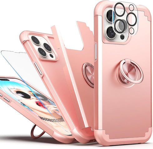 IDweel for iPhone 13 Pro Max Case with Screen Protector+360°Ring Holder Stand+Camera Lens Protector,2 in 1 Shockproof Slim Fit Hybrid Heavy Duty Hard PC Soft Silicone Bumper Full Body Case,Rose Gold