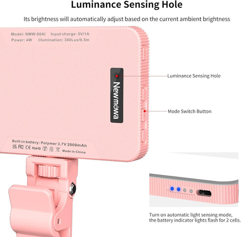 Newmowa 3 2000mAh Pink Rechargeable Selfie Light - Portable Clip-on Video Light for Phone/Laptop/Camera With Smart