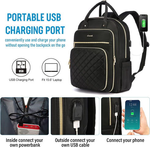 Backpack Backpacks 15.6" LOVEVOOK Laptop for Women, Water Resistant Travel Work Black Purse Business Teacher Nurse