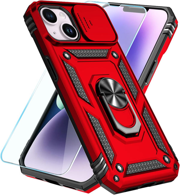 SunStory iPhone 14 Plus Case - with HD Screen Protector & Slide Camera Cover & Rotated Ring Kickstand - Red