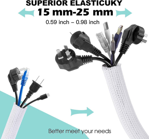 AGPTEK Cable Management Sleeve Cover, 10ft - 1 inch Cord Management System for Desk PC TV Computer Projector Wires Protection and Organization, Home, Theater and Office, White