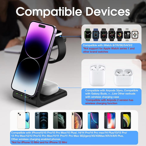 Earteana 3 in 1 Charger Station for iPhone, Fast Wireless Charging Dock for Apple Watch and Airpods, Dark Black