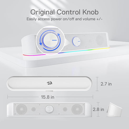 Redragon GS560 RGB Desktop Soundbar, 2.0 Channel Computer Speaker with Dynamic Lighting Bar, USB Powered, White