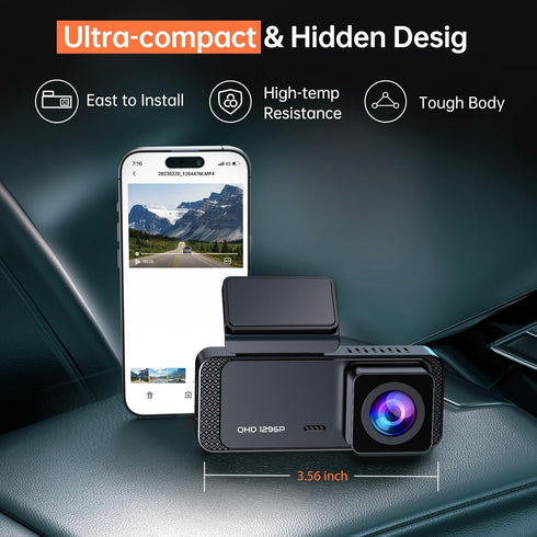 Veement 1296P V300 24H 256GB Dash Cam Front Dashcam, WiFi Dash Camera for Cars with App, Night Vision, Mini Hidden