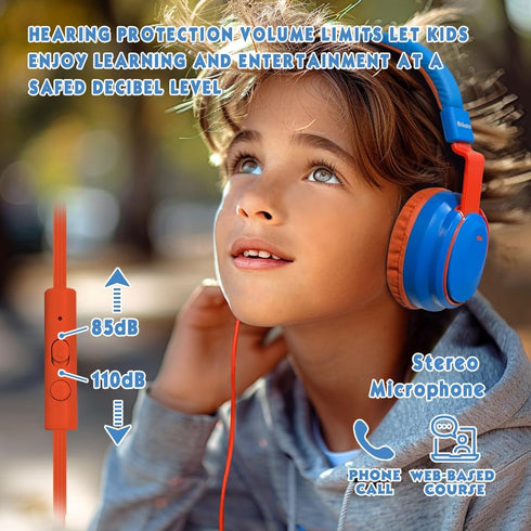 Kids Volume Limited 85/96dB Headphones, Wired Over-Ear/On-Ear Foldable Headset with Inline Cable Aux 3.5mm Cord Mic