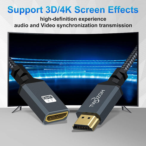 Twozoh 6.6FT, 2.0 4K@60Hz 3D HDMI Extension Cable HDMI Male to Female HDMI Cord, HDMI Cable Adapter Support HDR