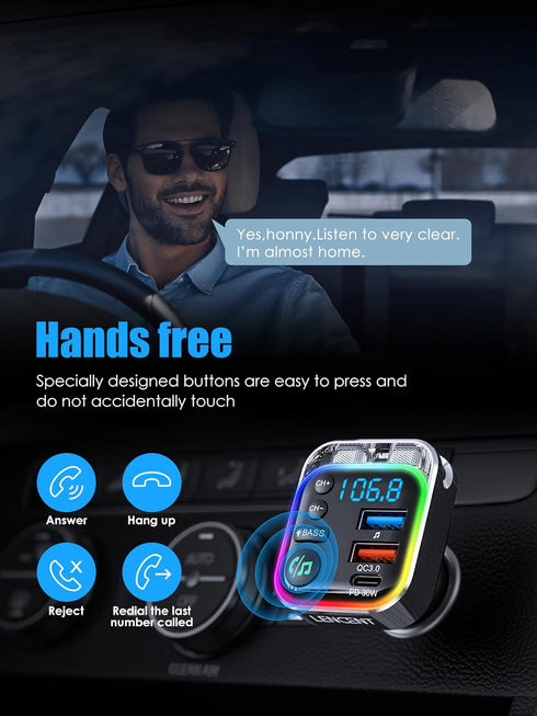 LENCENT Bluetooth 5.3 FM Transmitter, PD 30W & QC3.0 Fast Charger Bluetooth Car Adapter for Hi-Fi Music