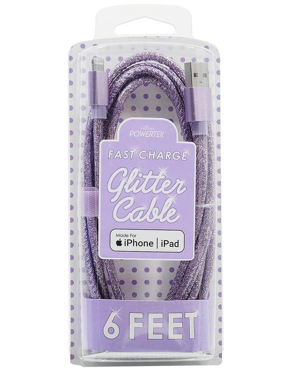 LIQUIPEL Powertek Glitter MFi Certified 6ft Lightning to USB Cable, Fast Charging for Apple iPhone, iPad, Purple
