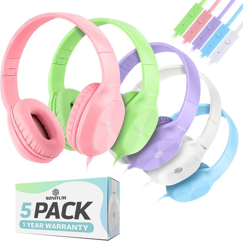 Sonitum Bulk Kids Headphones for School - 5-Pack On-Ear 3.5mm Wired Headphones with Microphones