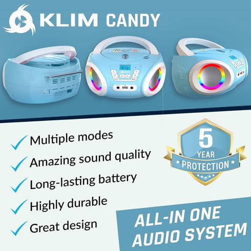 KLIM Candy Kids Boombox CD Player with FM Radio, Batteries Included, Cute Blue Radio for Kids