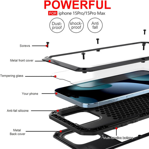 Marrkey iPhone 15 Pro Max Case, 360 Full Body Protective Heavy Duty Shockproof Aluminum Alloy with Screen Protector