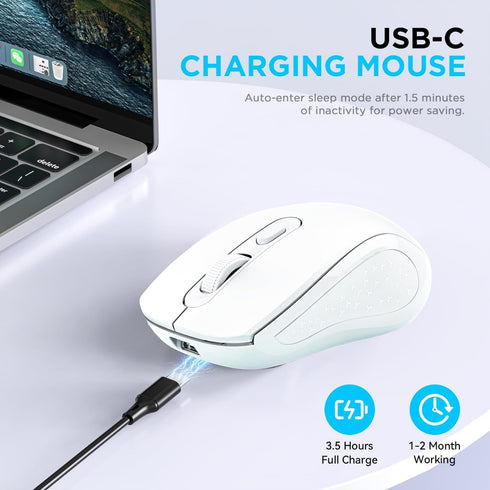 ZVYUE Wireless Bluetooth Mouse for Mac, Silent Mouse with Dual Mode Switch, Bluetooth 5.2/3.0, White