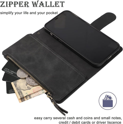 RANYOK Wallet Case for iPhone 12/12 Pro - Premium PU Leather Zipper Flip Folio Wallet with RFID Blocking and Kickstand