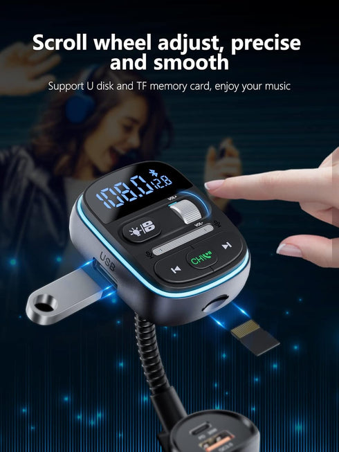 LENCENT Bluetooth FM Transmitter PD 30W, Bluetooth Car Adapter with QC3.0 Fast Charger, Hi-Fi Bass Music, Wireless