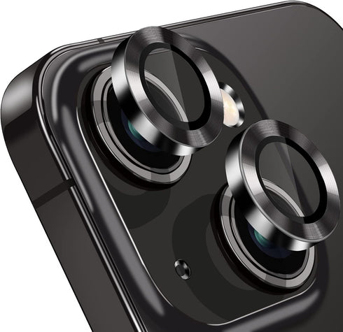 iPhone 15 & 15 Plus Camera Lens Protector - 9H Tempered Glass, Anti-Scratch, Shockproof Metal Ring - 2 Pcs Black