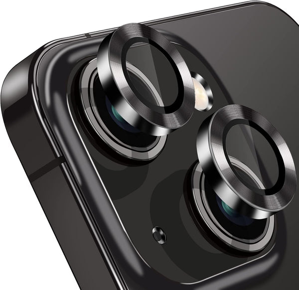 iPhone 15 & 15 Plus Camera Lens Protector - 9H Tempered Glass, Anti-Scratch, Shockproof Metal Ring - 2 Pcs Black