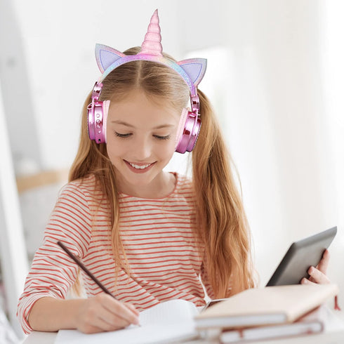 Kids Headphones Bluetooth Wireless, Unicorn LED Lights Girls Headsets with Microphone, 10 Hours 5.0 Bluetooth for Kids