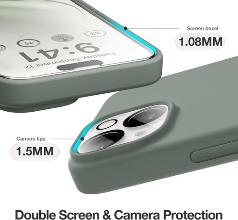 GONEZ iPhone 14 Case, Calke Green Liquid Silicone, 6.1", Shockproof, with 2X Screen & Camera Lens Protectors.
