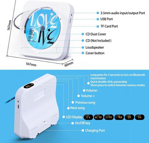 Bluetooth Desktop CD Player with Speakers, LED Screen, FM Radio, Remote Control, AUX, USB, TF Card Playback