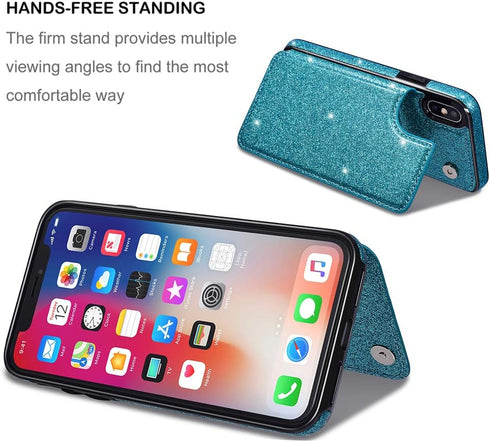 UEEBAI Case for iPhone XR, Premium Glitter PU Leather Wallet Cover with Card Slots, Stand Function, Blue#2