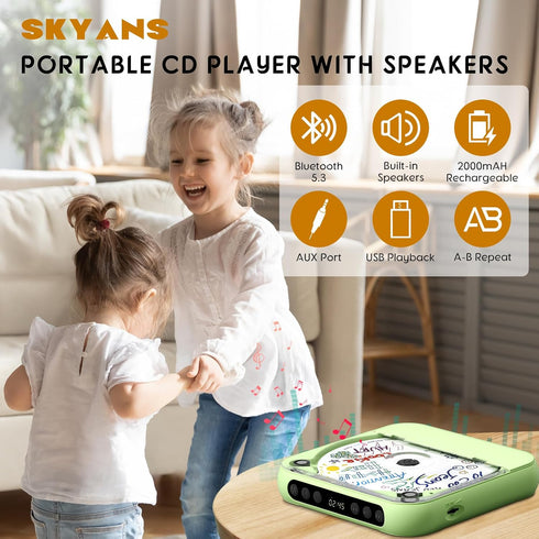 SKYANS Portable CD Player with Bluetooth, Rechargeable CD Player for Home/Car, Built-in HiFi Speakers, Headphones, LCD