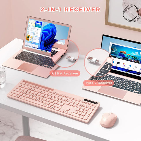 Wireless Keyboard and Mouse for MacBook - Vivefox Pink Wireless Keyboard with Phone Holder and USB Receiver