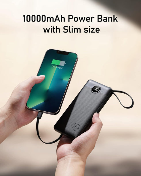 VEEKTOMX 10000mAh Portable Charger with Built-in Cables, Slim Fast Charge USB C Battery Pack for iPhone 15/14/13,