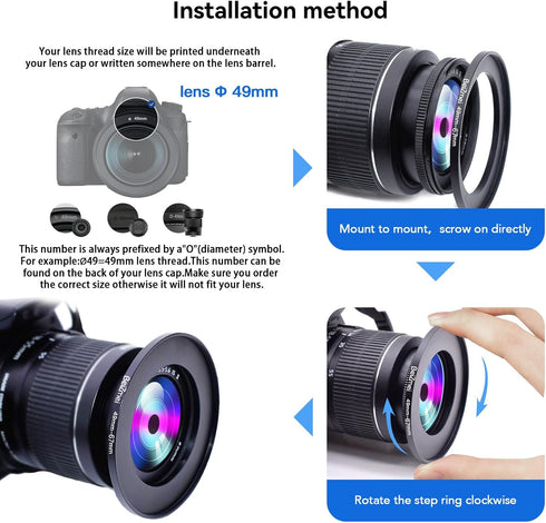 49mm to 67mm Camera Filters Ring, Compatible with All Brands 49mm Lens to 67mm UV ND CPL Camera Filter