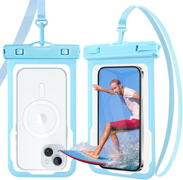 2 Pack Waterproof Phone Pouch, IPX8 Underwater Case for iPhone 15 14 13 Pro Max Samsung, Blue + Blue