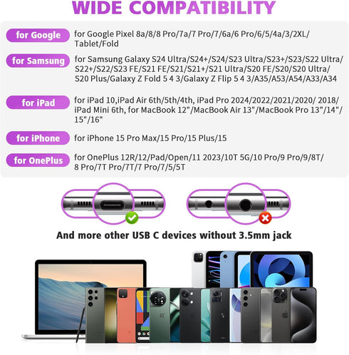 USB C Headphones for Samsung S24 Ultra S23 Fe A35, Type C Earphones Noise Isolating with Mic, Wired Earbuds, Purple