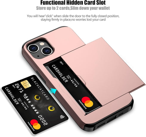 Nvollnoe Compatible with iPhone 15 Case with Card Holder Heavy Duty Protective Dual Layer Shockproof Hidden Card Slot Slim Wallet Phone Cover for Women&Men 6.1 inch(Rose Gold)
