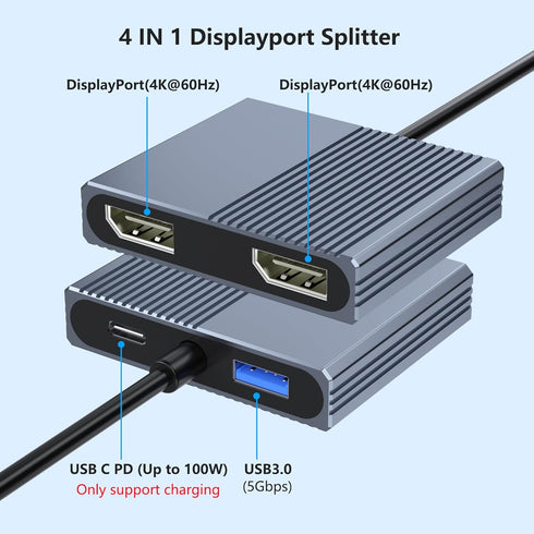Aibilangose 4K@60Hz USB3.0/PD, Display Port Splitter for Dual Monitors, USB C to Dual DisplayPort Adapter