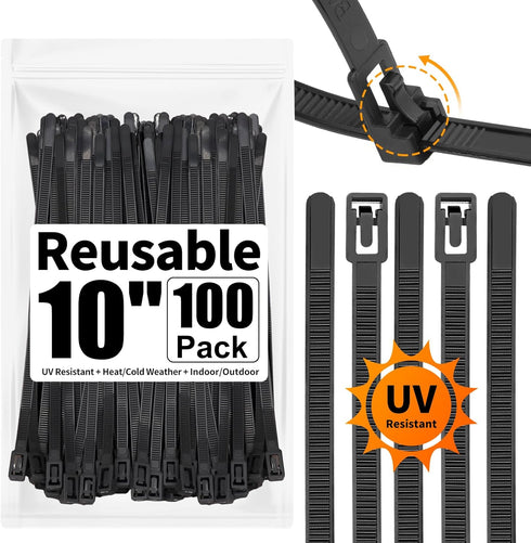 SOOOEC 100 Pack Heavy Duty Reusable Zip Ties - 10 inch UV Resistant, Releasable Black Cable Ties for Indoor Outdoor Use