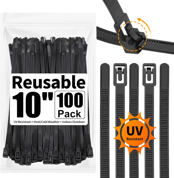 SOOOEC 100 Pack Heavy Duty Reusable Zip Ties - 10 inch UV Resistant, Releasable Black Cable Ties for Indoor Outdoor Use