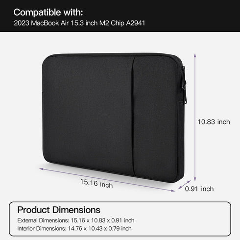 CaseBuy Water-Resistant MacBook Air 15 inch Sleeve for 2023 2024 MacBook Air 15 M2 M3 Chip A2941 A3114 - Black