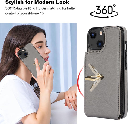 Folosu 13 360Rotation 6.1 Inch Compatible with iPhone Case Wallet with Card Holder, Finger Ring Holder Kickstand