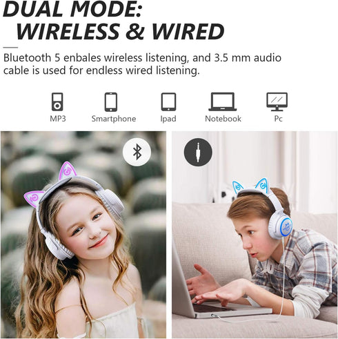 Headphones for Back to School, Kids Cat Ear Headphones, Foldable Bluetooth Wireless Headphones with Microphone, LED