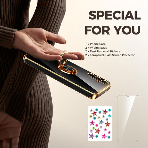 Samsung Galaxy A15 5G Case with 2 Pack Screen Protector, 360° Rotatable Ring Holder, Luxury Hearts Pattern, Plating