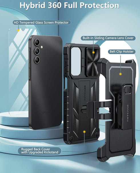 FNTCASE Galaxy A15-5G Case: Rugged, Military-Grade Shockproof Protection, Kickstand & Holster, 6.5" Black Heavy Duty