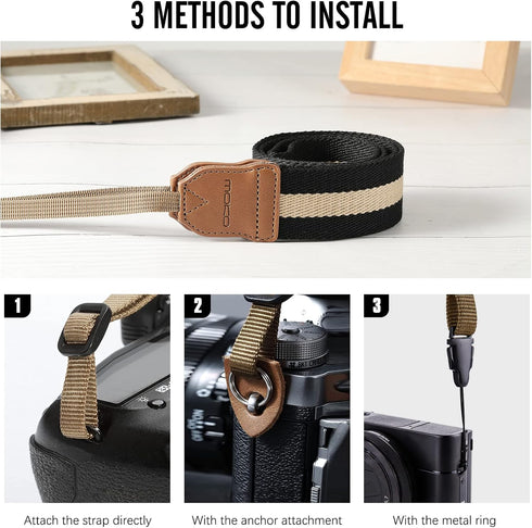 MoKo Cotton Woven Camera Strap, Adjustable Universal Neck & Shoulder Strap for Video Camcorder, Black & Beige