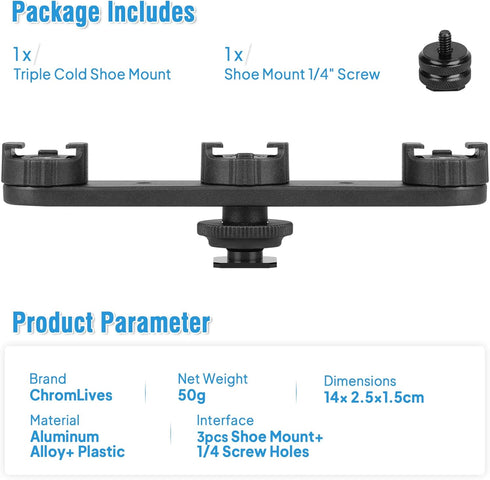 ChromLives Cold Shoe Mount, Triple Shoe Mount Extension Bar Hot Shoe Adapter Camera Bracket with 1/4 Screw for